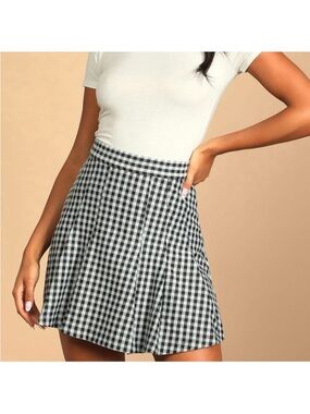 Free People Navy Blue & White Gingham Pleated Skater Mini Skirt Size 10